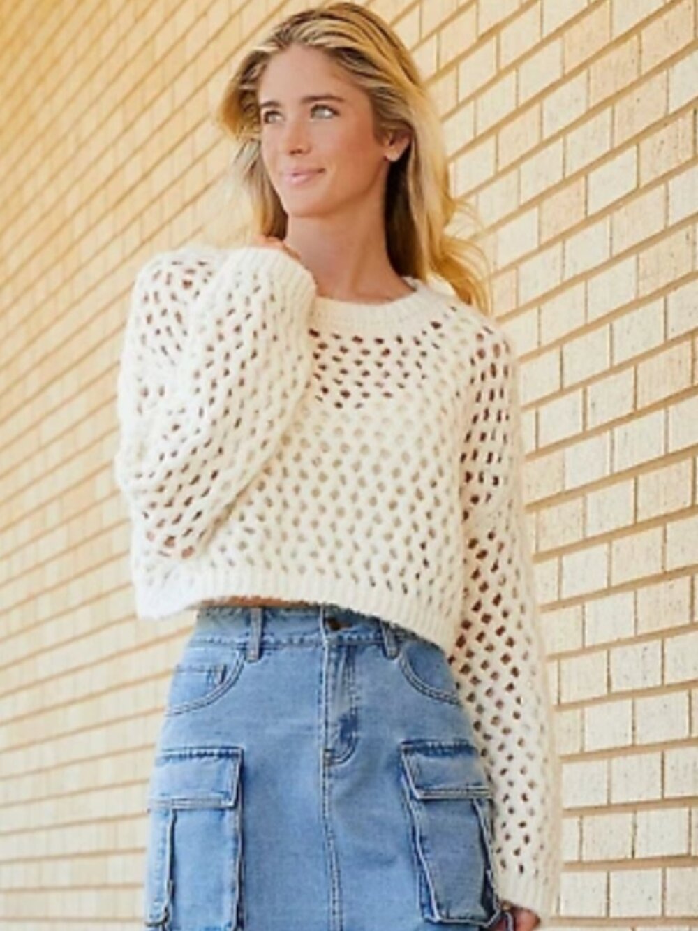 Chelsea & Violet Open Knit Cropped Sweater – Antique Ivory – Size L (BNWT)